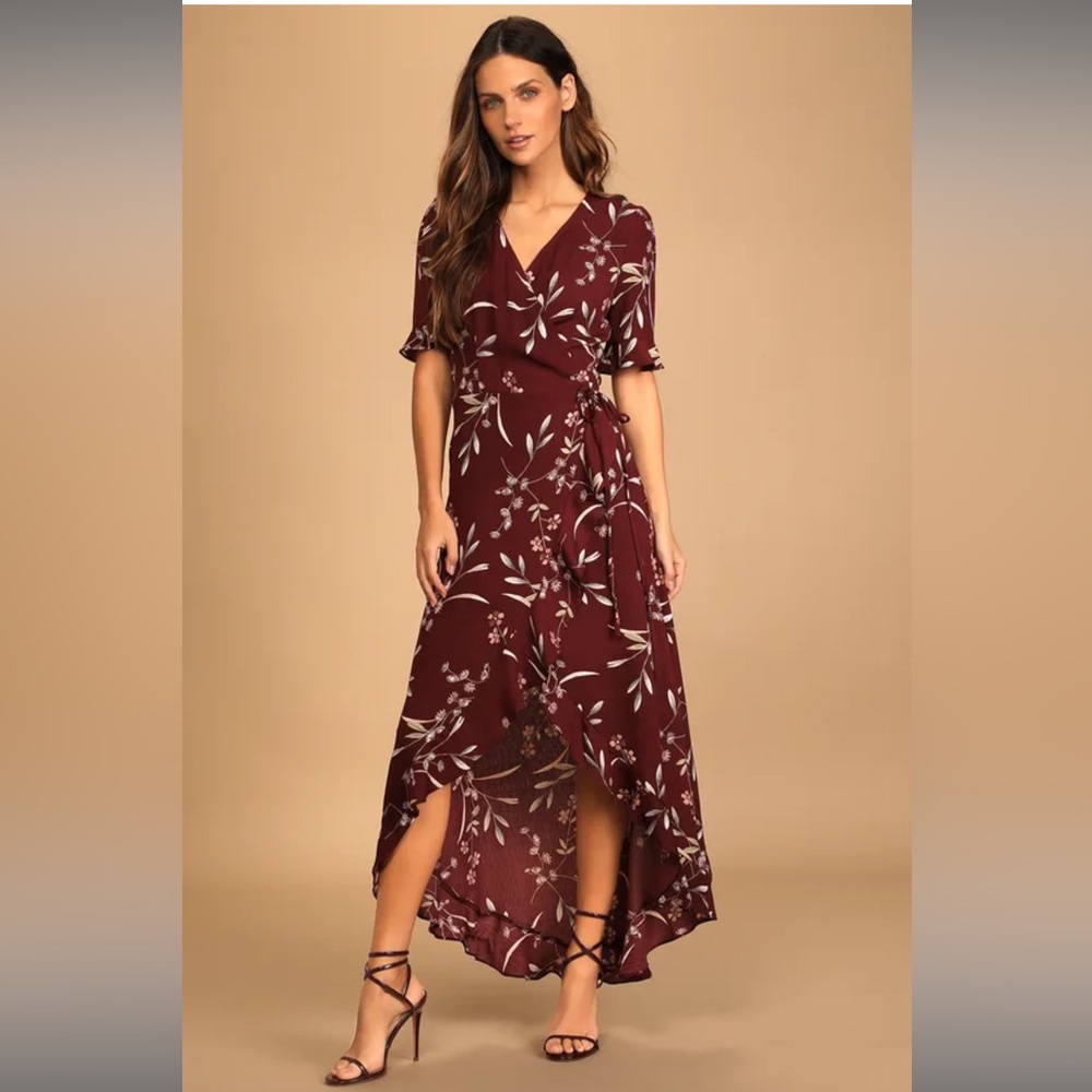 Lulu’s Wild Winds Burgundy Floral Print High-Low Wrap Dress